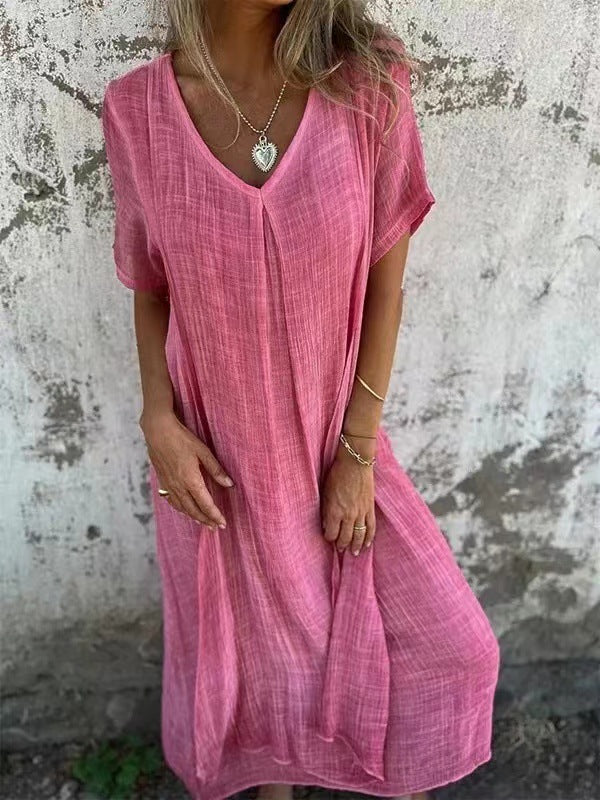 Gauze Deep V-Neck Short Sleeve Box Pleat Midi Dress