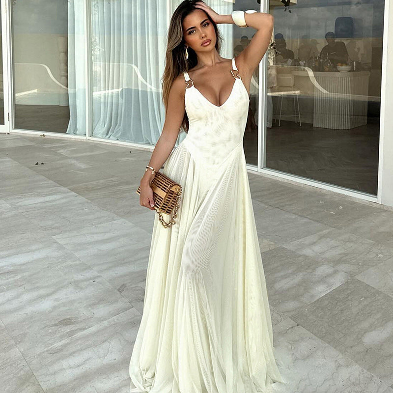 Mesh V-Neck Buckle Strap Sleeveless Flowy Maxi Dress