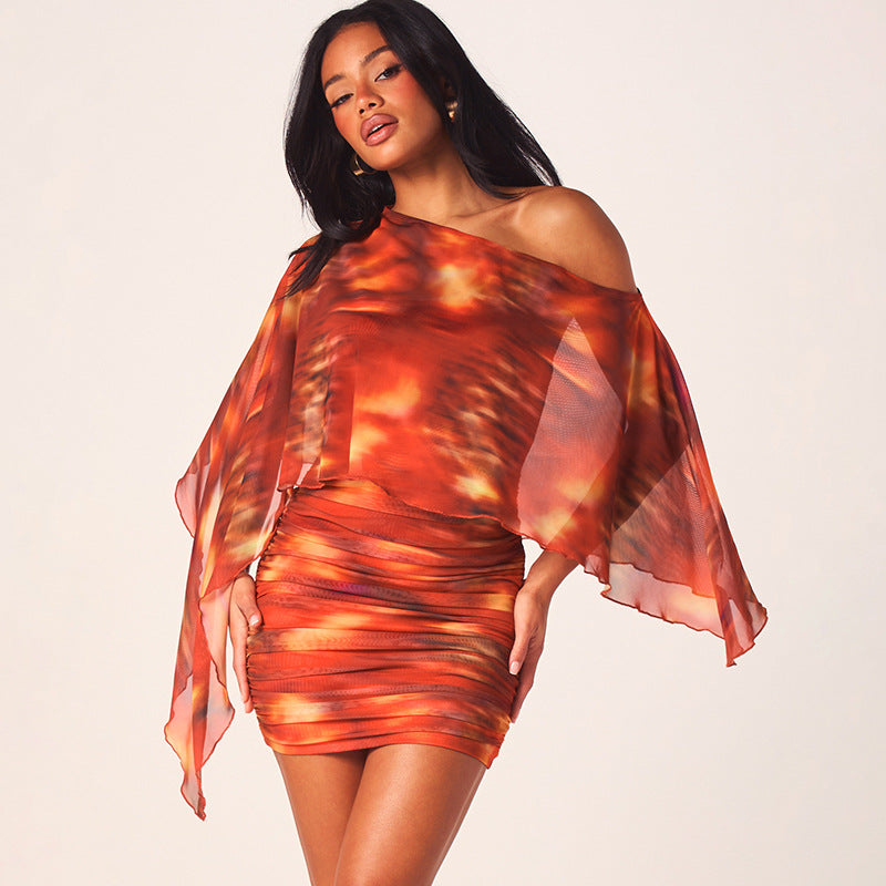 Women Clothing Summer Casual Digital Printed One Shoulder Diagonal Collar Long Sleeve Slim Fit Short Dress