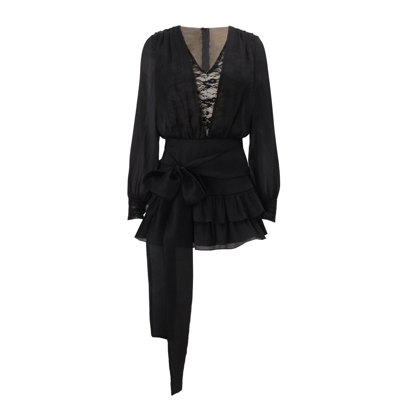 Autumn French Pure Lace Splicing Sexy V neck Long Sleeve Dress - View 6
