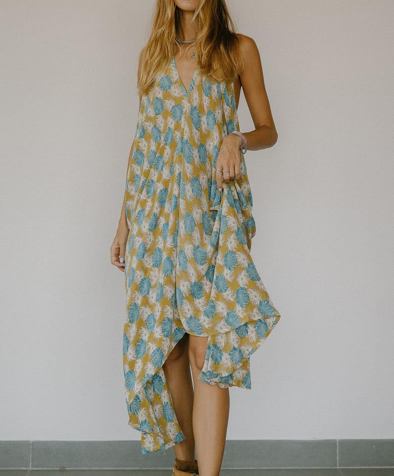 Tie Dye Deep V-Neck Sleeveless Backless Asymmetric Hem Midi Dress 8