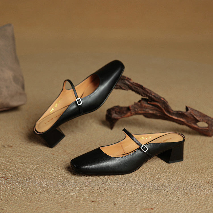 Square Toe Block Heel Backless Mary Jane Mules