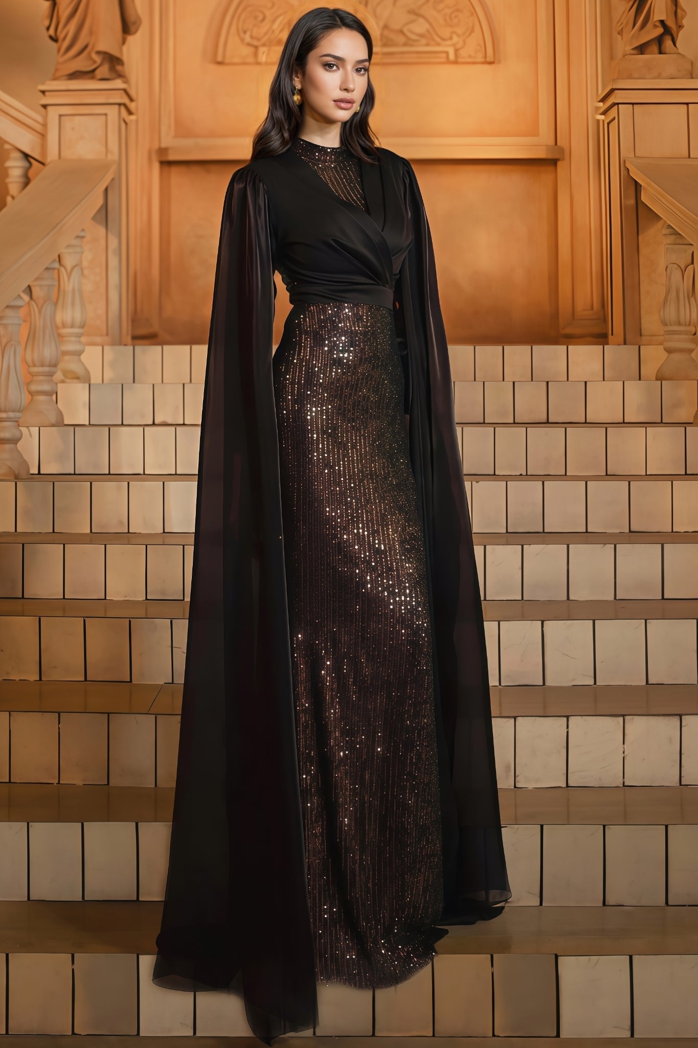 Mirt Black Round Neck Sequin Maxi Dress - View 7