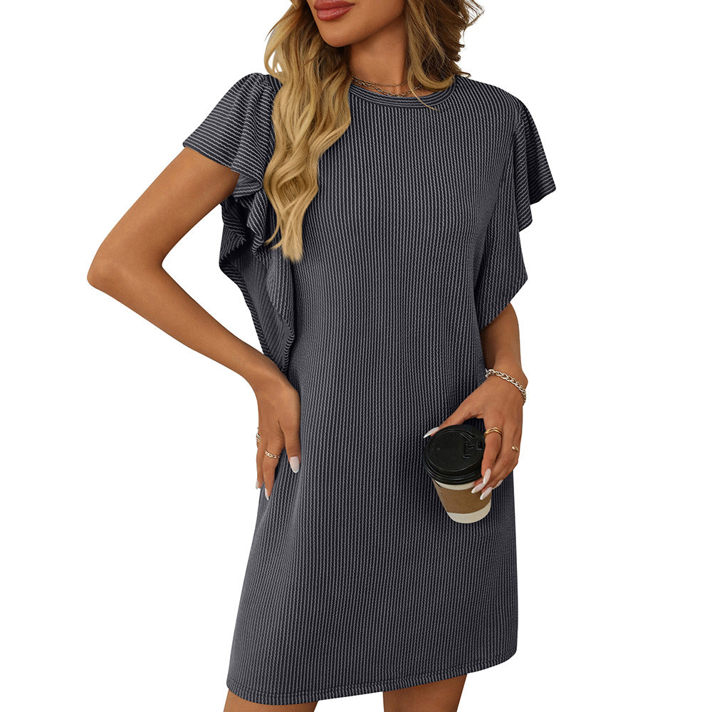 Ribbed Knit Crew Neck Ruffle Sleeve Shift Mini Dress 4