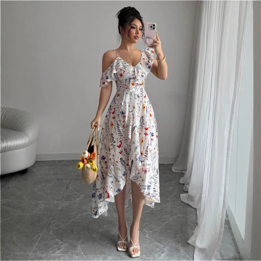 Floral Print Cold Shoulder Ruffle V-Neck Asymmetric Hem Midi Dress