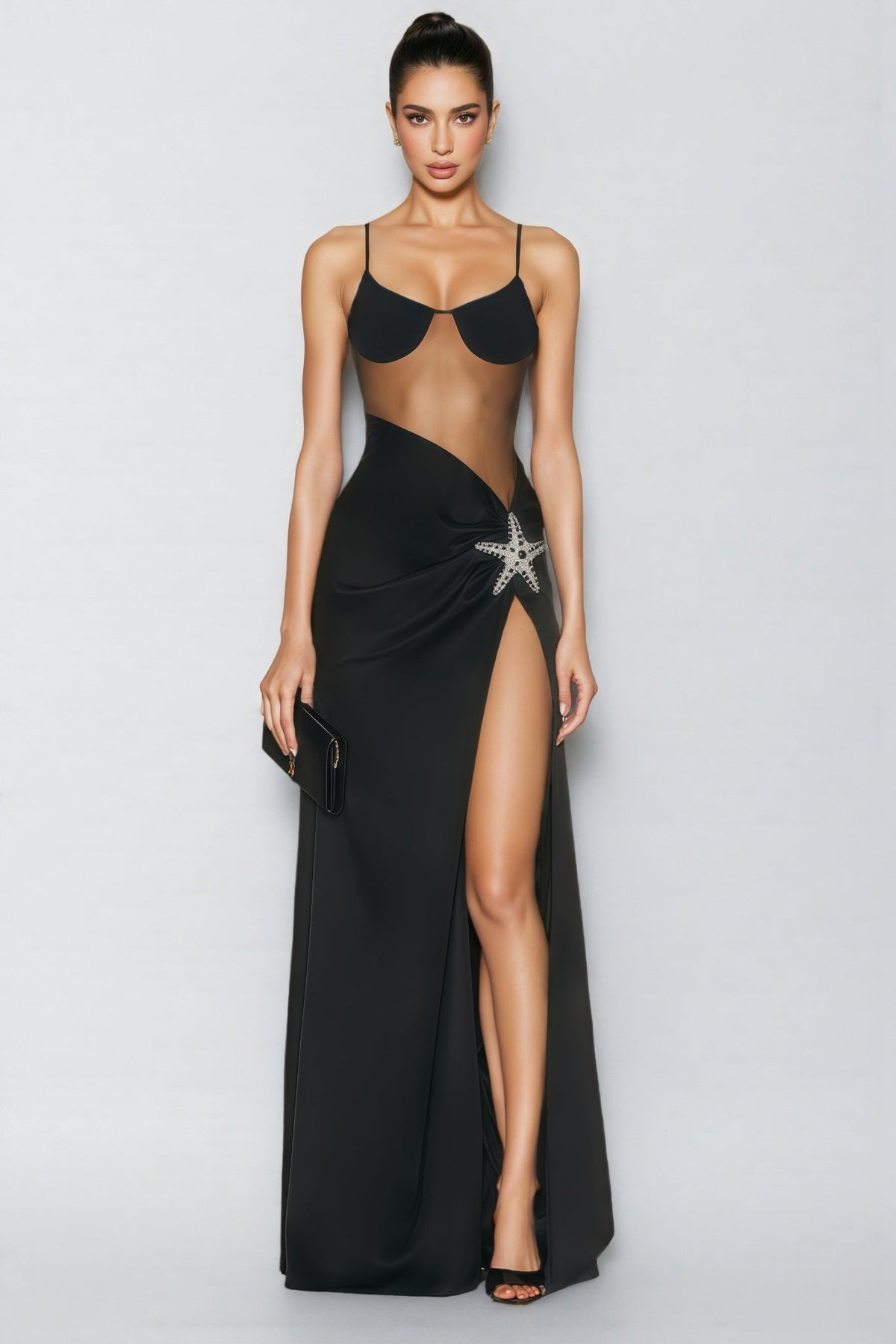 Sheer Mesh Panel Rhinestone Starfish High Split Cami Maxi Dress