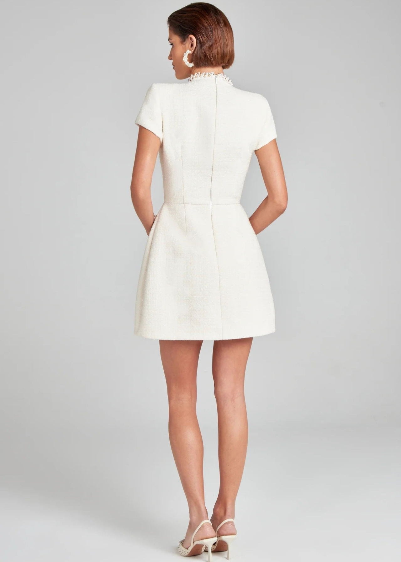 Pearl Crystal Trim Tweed Mock Neck Short Sleeve Patch Pocket Mini Dress