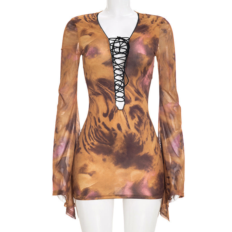 Abstract Print Mesh Lace Up Plunge Neck Flare Sleeve Mini Dress 2