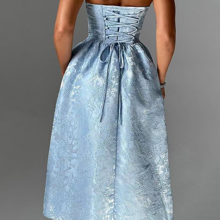 Jacquard Strapless Ruched Waist Fit and Flare Midi Dress