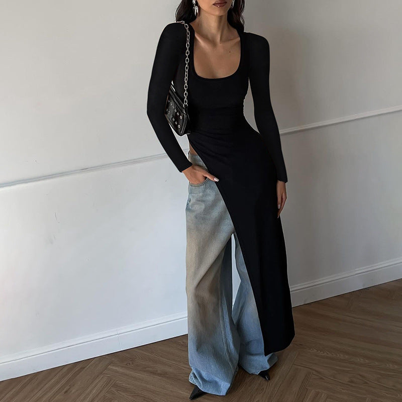 Knit Square Neck Long Sleeve Cut Out Asymmetric Maxi Dress