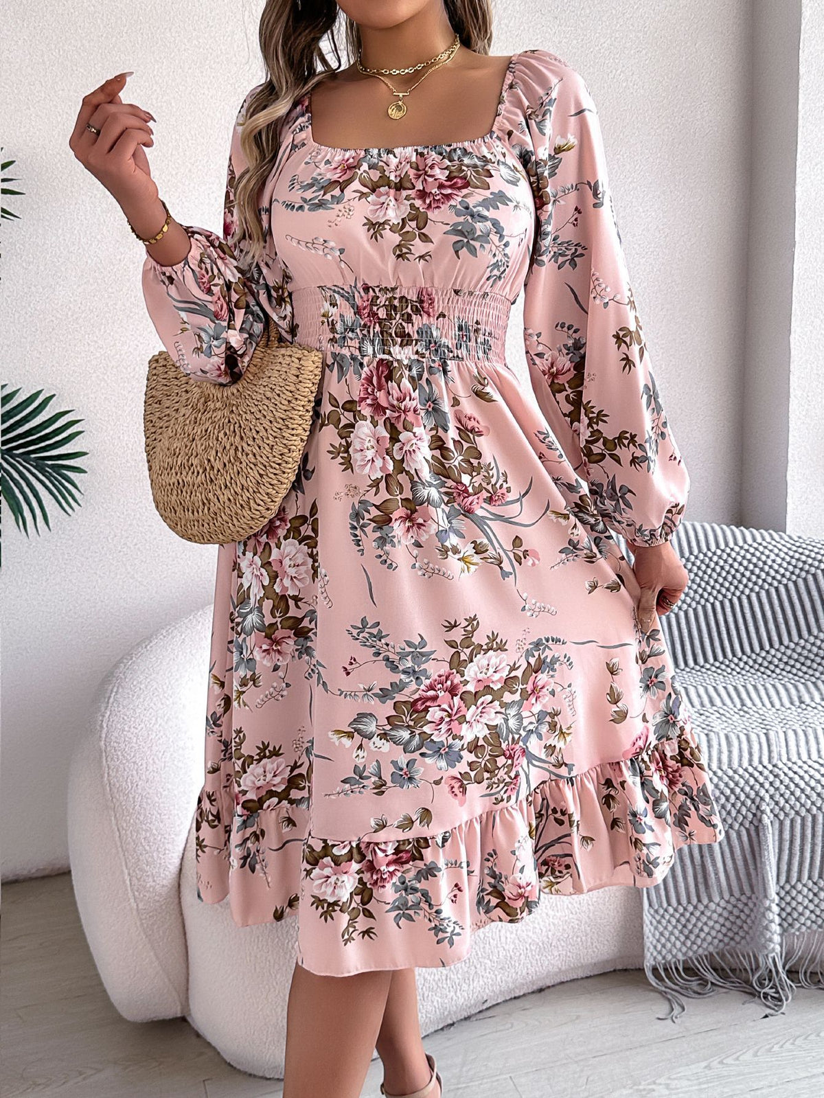 Floral Print Square Neck Long Sleeve Smocked Waist Ruffle Hem Midi Dress 3