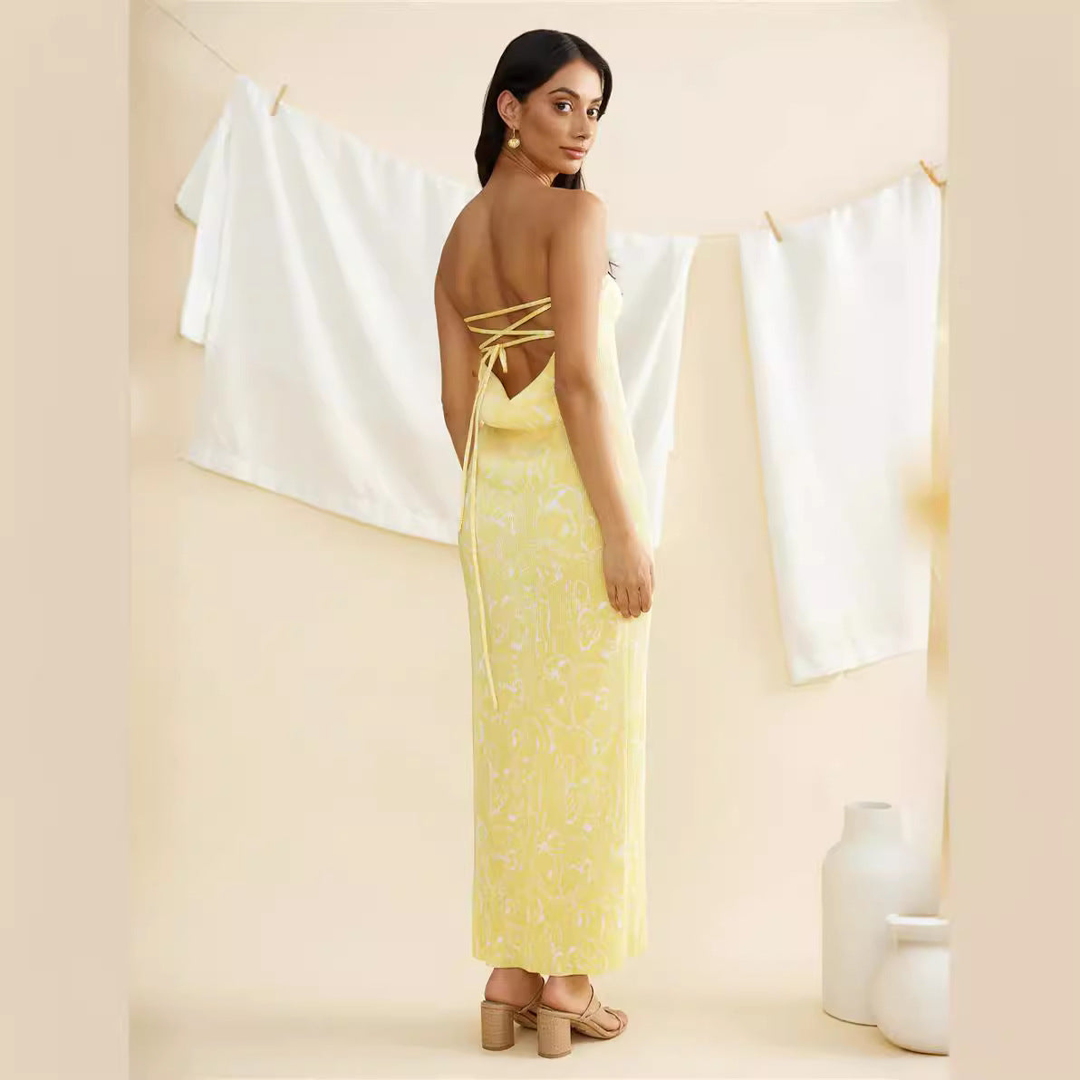 Spring Summer Women Tube Top Printed Pleated Drape Self Tie Dress