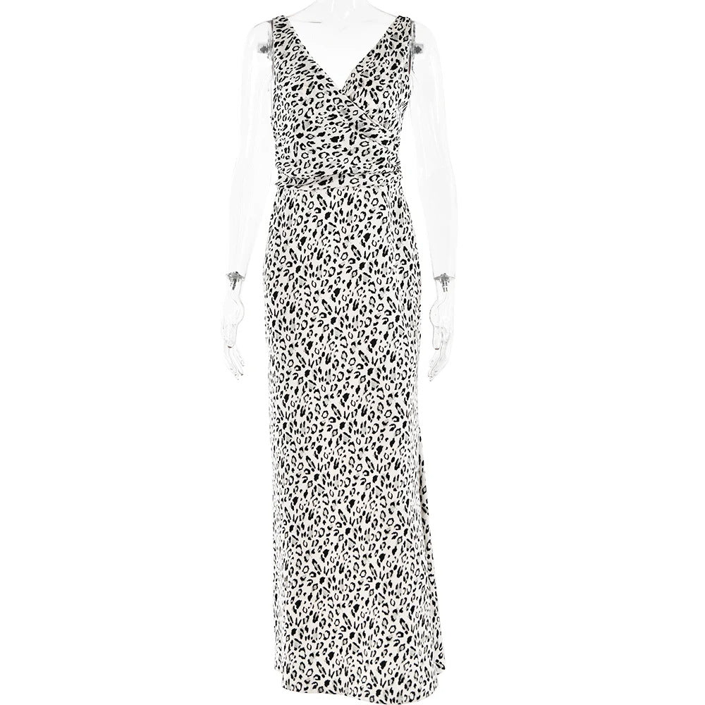 Leopard Print Satin V neck Strap Backless Dress Slim Fit Maxi Dress - View 4