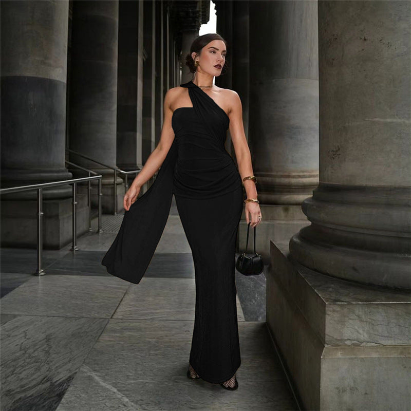 Velvet Halter Neck Ruched Mermaid Maxi Gown