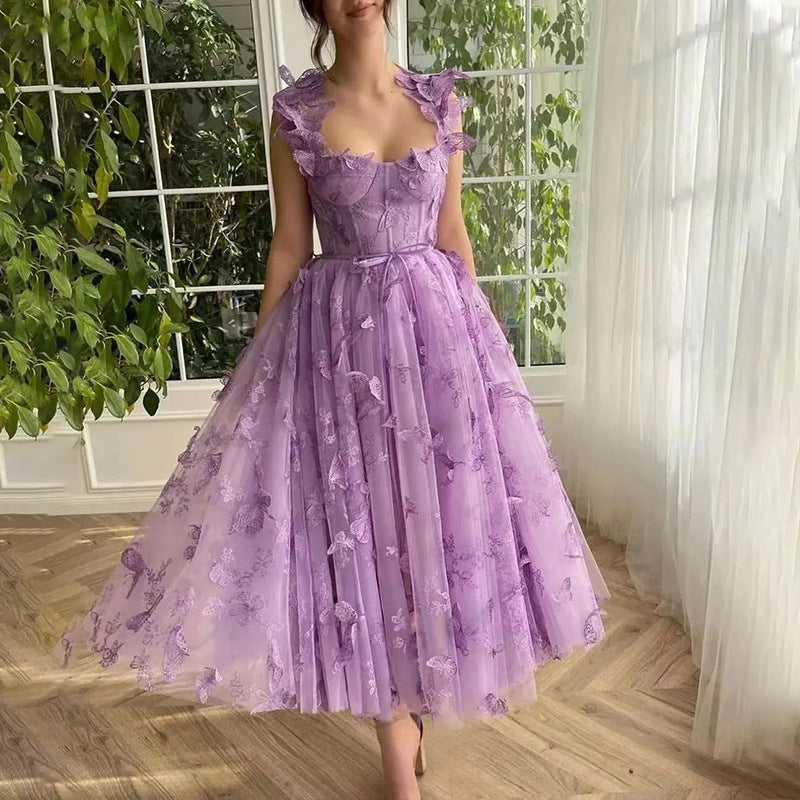 Butterfly Applique Tulle Square Neck Corset A-Line Midi Prom Dress