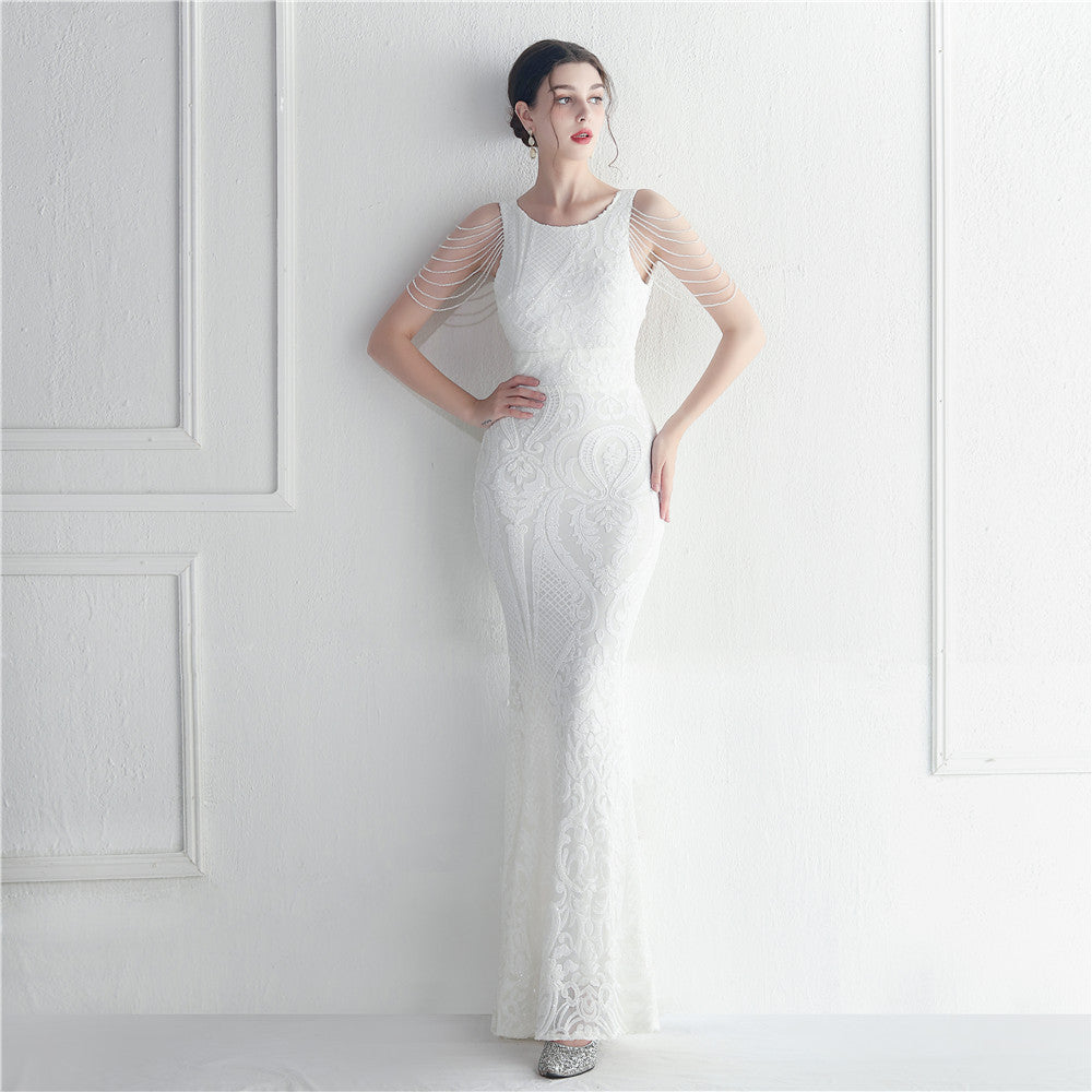 Sequin Beaded Round Neck Fringe Mermaid Maxi Gown