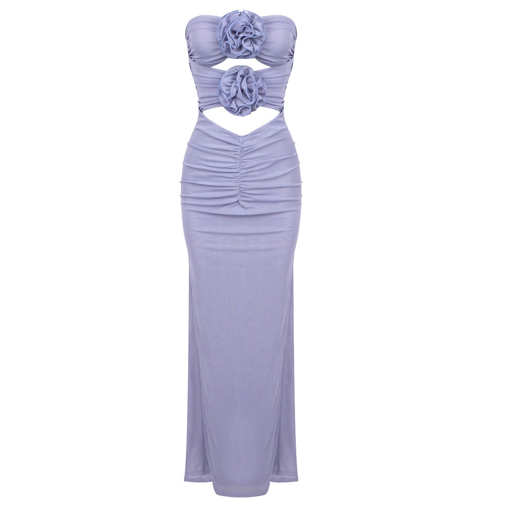 Strapless 3D Floral Cut Out Ruched Mermaid Maxi Gown