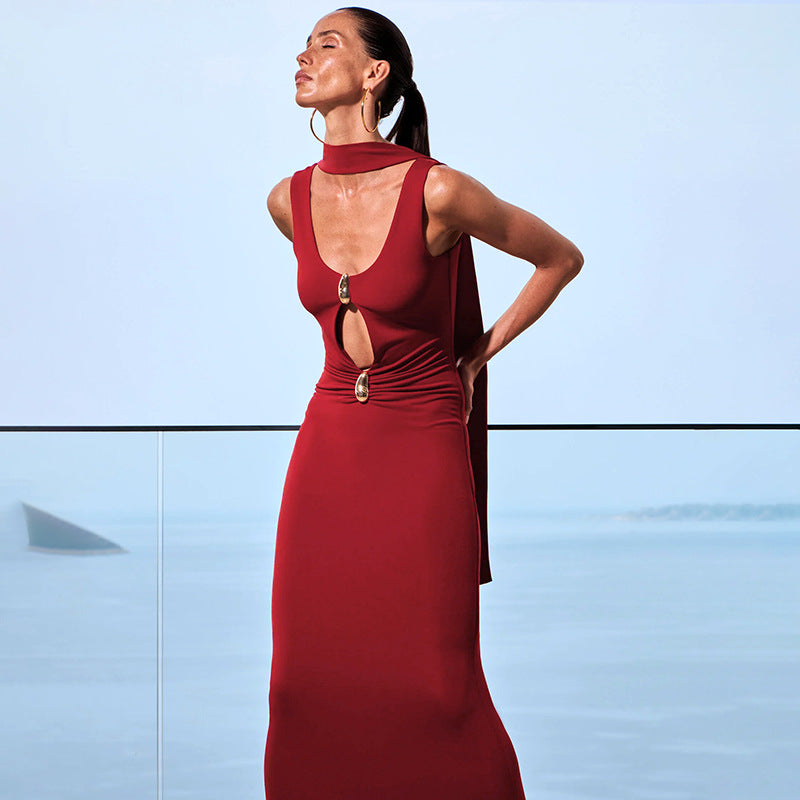 Scoop Neck Keyhole Cut Out Hardware Accent Bodycon Maxi Gown