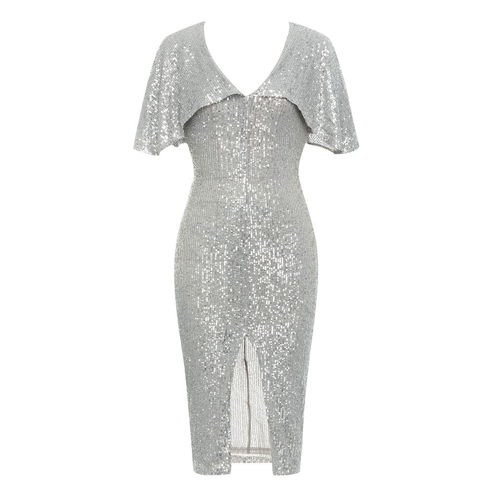 Sequin V-Neck Cape Sleeve High Split Bodycon Midi Party Dress