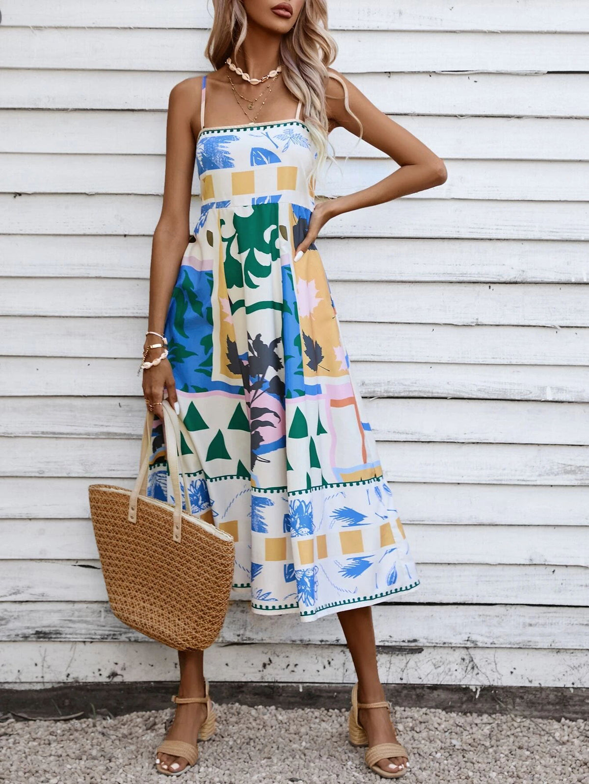 Abstract Floral Print Spaghetti Strap Square Neck A-Line Midi Dress 4
