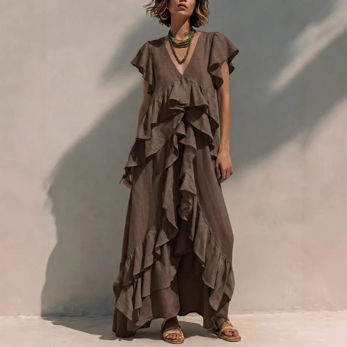 V-Neck Flutter Sleeve Ruffle Tiered Maxi Dress 2