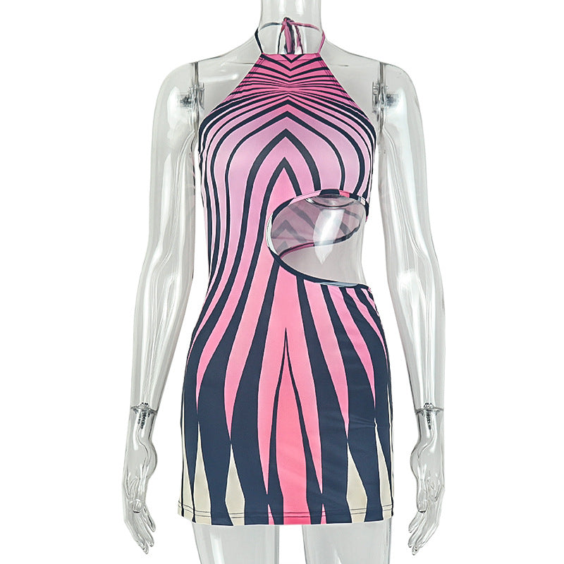 Abstract Stripe Print Halter Neck Cut Out Bodycon Mini Dress 2