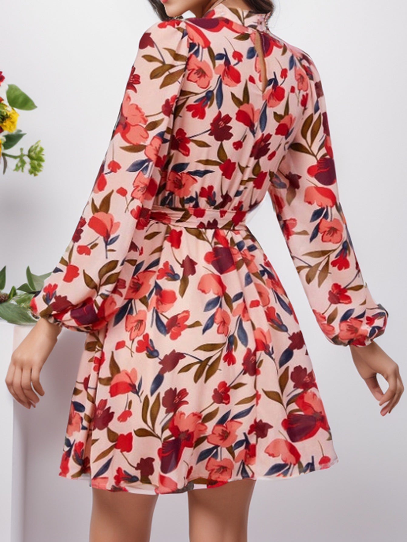 Floral High Neck Long Sleeve Tie Waist Fit and Flare Mini Dress