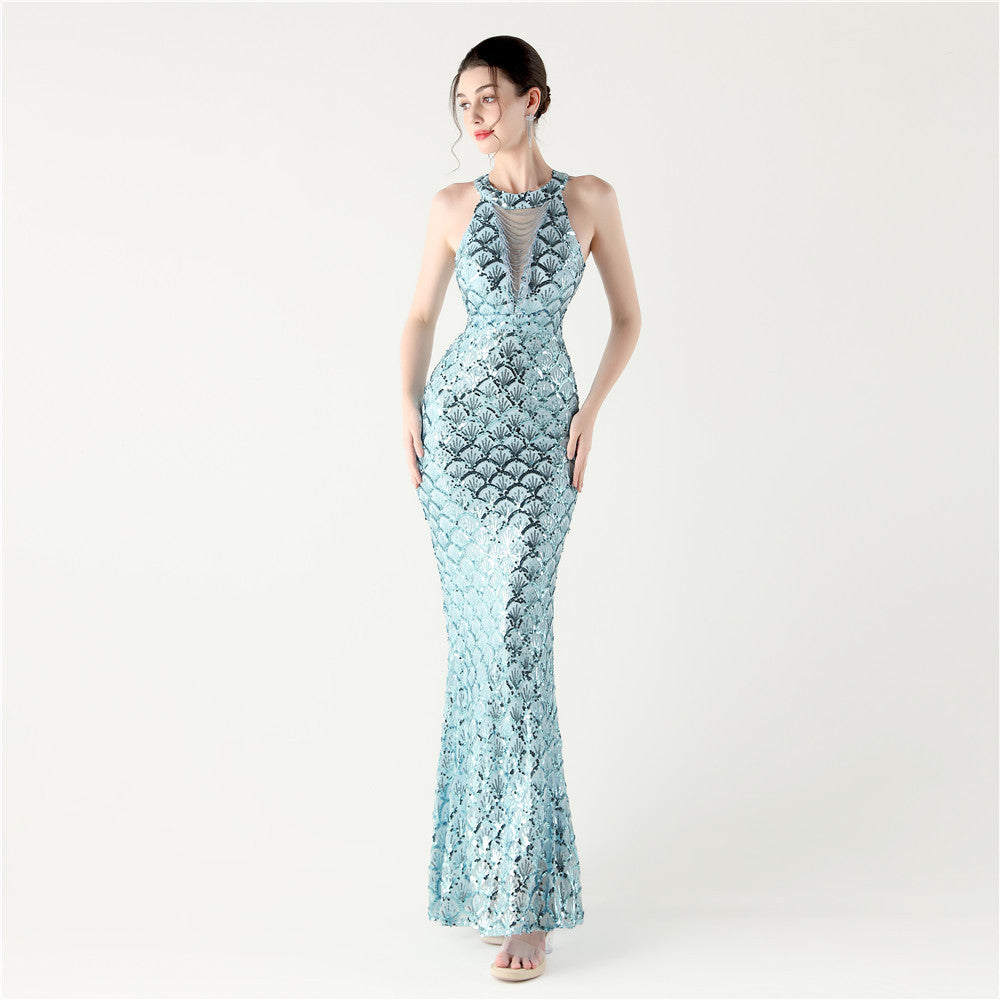 Sequin Halter Neck Backless Mermaid Maxi Evening Gown