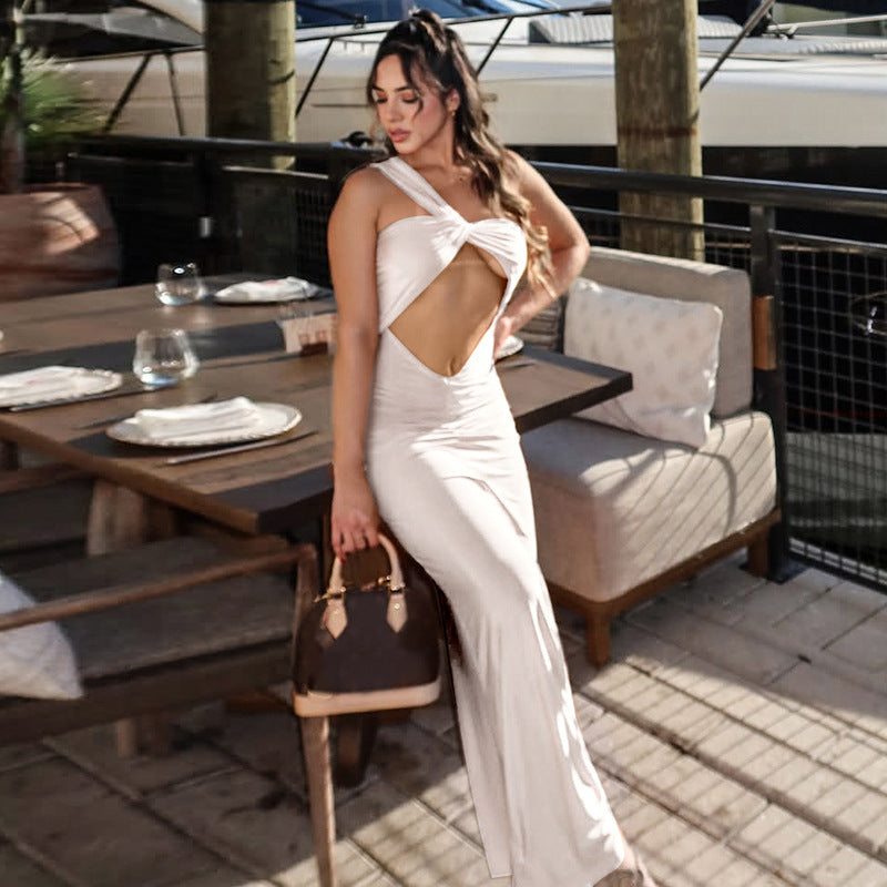 Summer Women Clothing Solid Color One Shoulder Sexy Cutout Pleated Slim Fit Dress