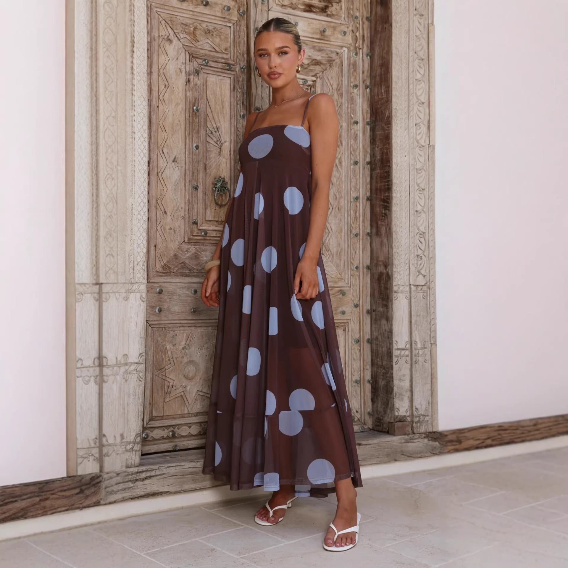 Mesh Spaghetti Strap Square Neck Flowy Tiered Maxi Dress