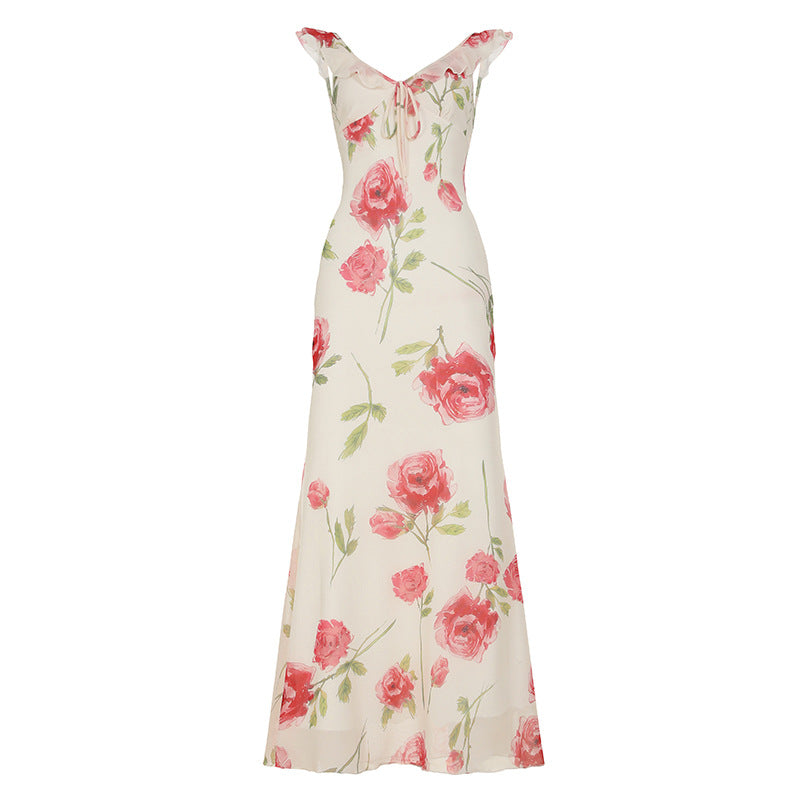 Floral Print Mesh V-Neck Tie Front Sleeveless Bias Cut Midi Dress 2