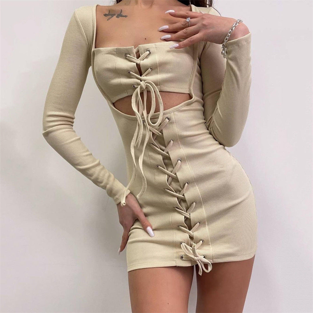 Spring Summer Square Collar Hollow Out Cutout out Faux Two Piece Dress for Women Sexy Lace-up Long Sleeve Short Dress for Women Skinny Hip Dress
