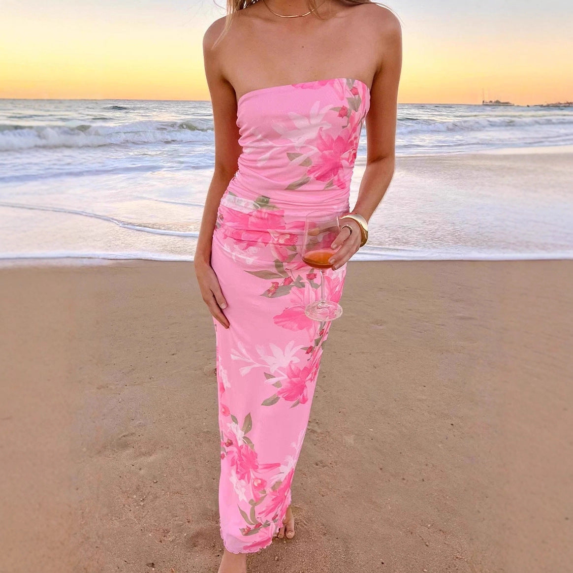 Women Clothing Summer Sexy Vacation Seaside Atmosphere Dress Tube Top Mesh Pleated Double Layer Dress
