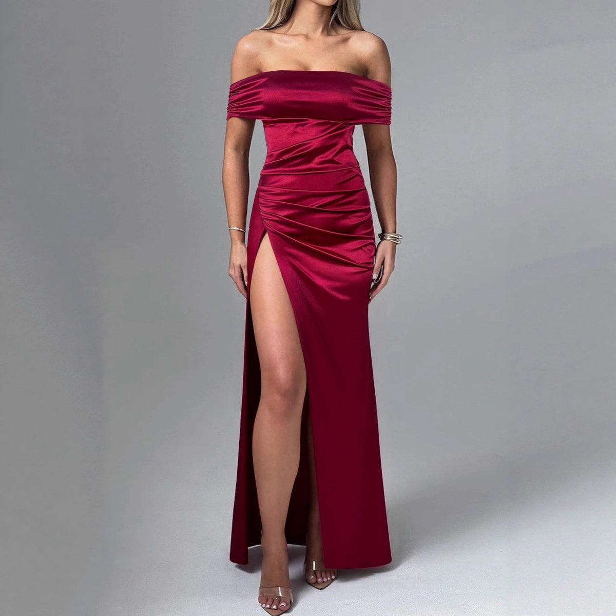 Satin Off Shoulder Ruched High Split Bodycon Maxi Dress