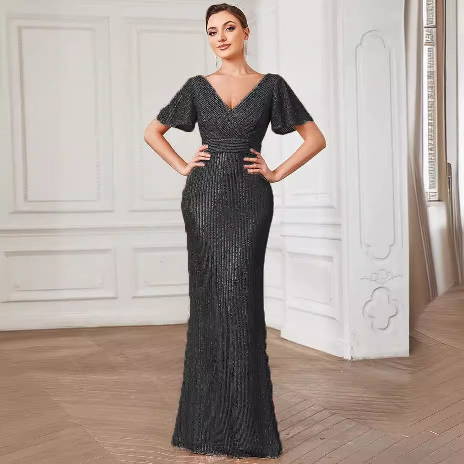 Striped Sequin V-Neck Flutter Sleeve Wrap Bodice Mermaid Maxi Gown