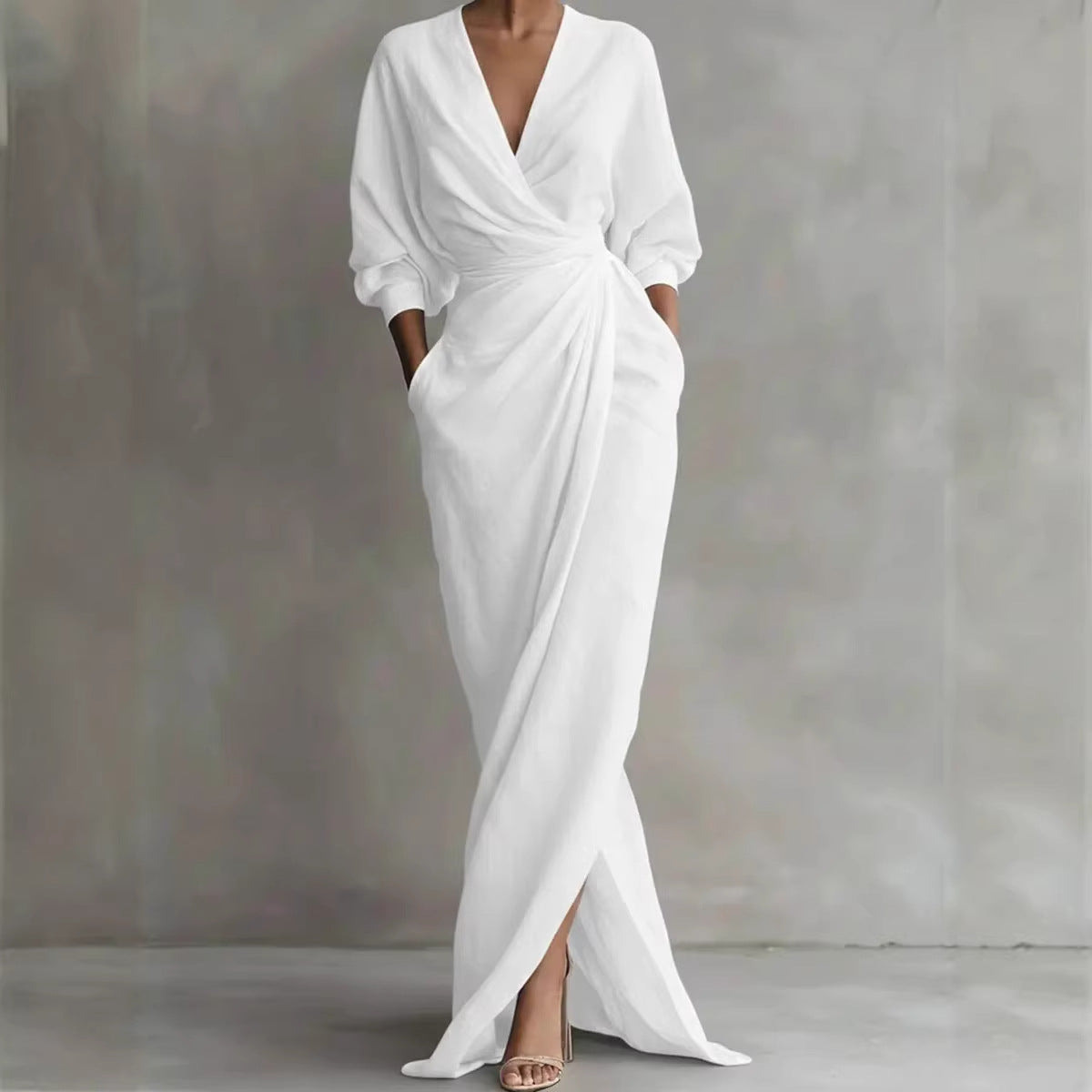 Deep V-Neck Long Sleeve Wrap Ruched High Split Maxi Dress 2