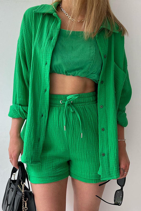 Solid Color Mock Neck Top and High-Waist Shorts Set