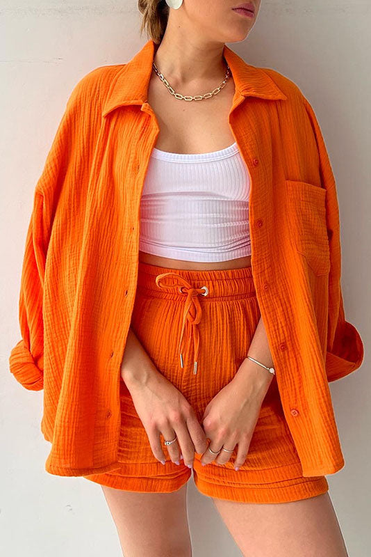 Solid Color Mock Neck Top and High-Waist Shorts Set