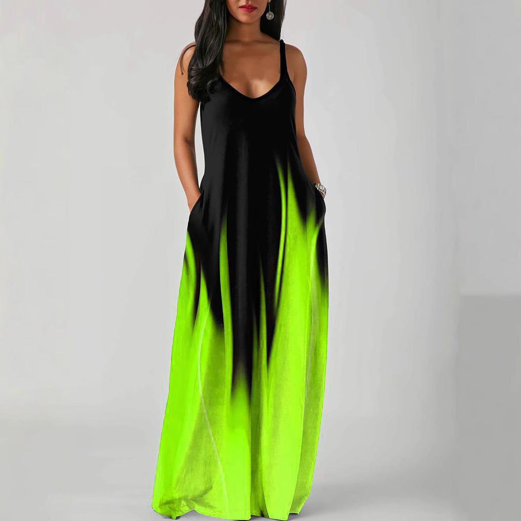 V-Neck Spaghetti Strap Ombre Pocket Loose Maxi Dress 4