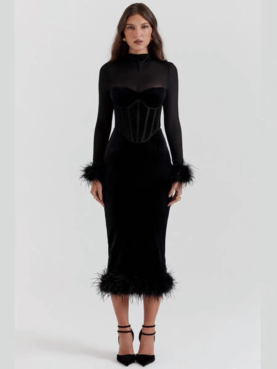 Mesh Mock Neck Long Sleeve Corset Velvet Feather Trim Midi Dress
