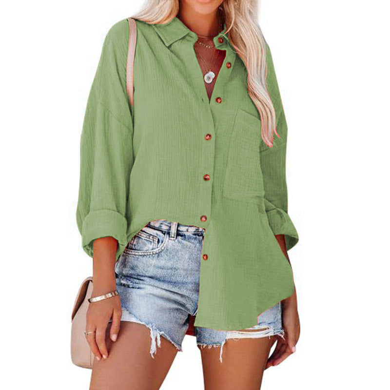 Collared Long Sleeve Button Down Textured Pocket Shirt
