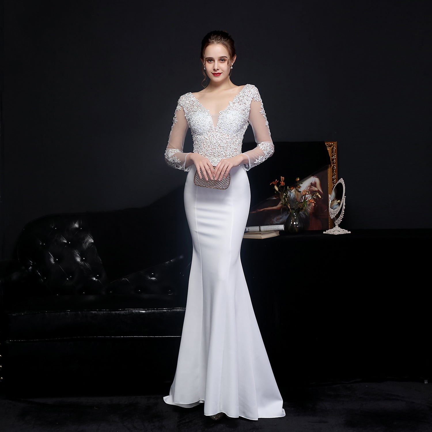Lace V-Neck Long Sleeve Beaded Mermaid Maxi Gown