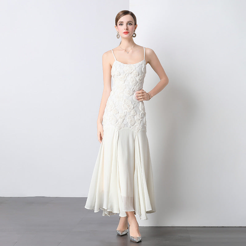 3D Floral Rosette Appliqué Spaghetti Strap Drop Waist Flowy Maxi Gown
