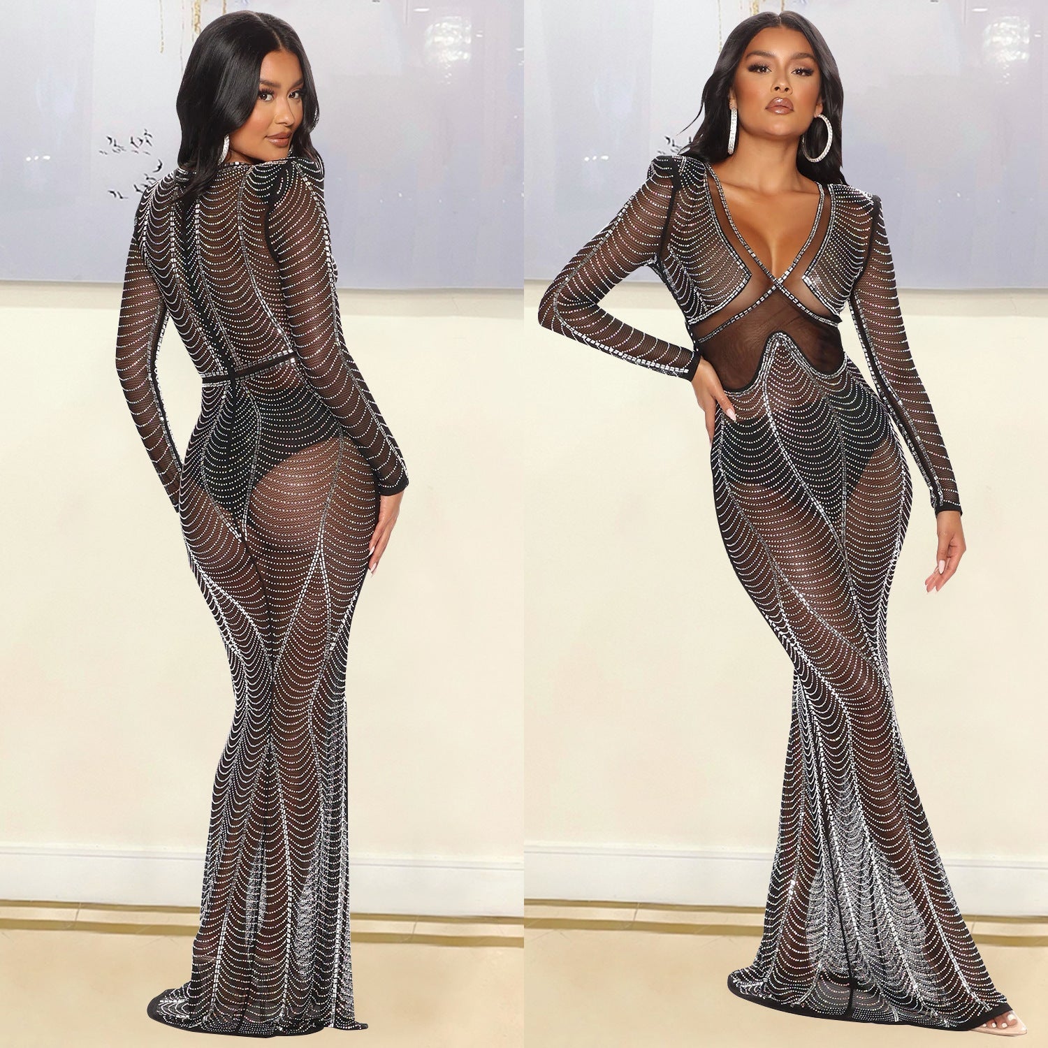 Rhinestone Mesh Deep V-Neck Long Sleeve Maxi Gown