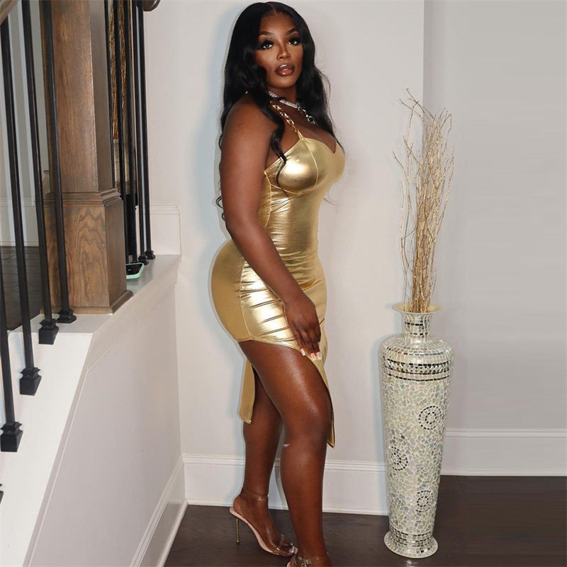 Metallic Chain Strap Bustier Side Split Bodycon Midi Dress 2