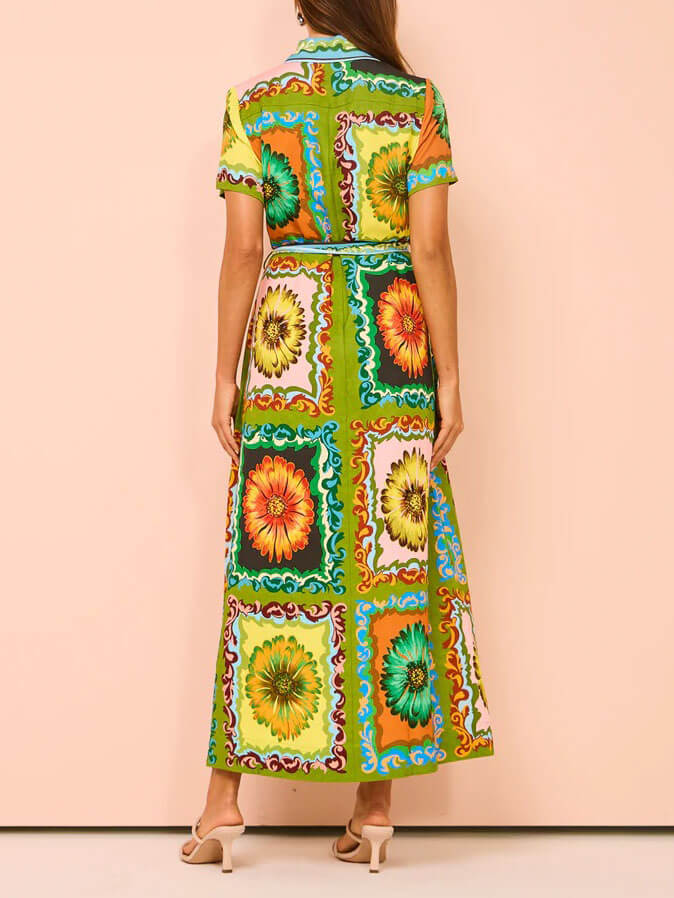 Floral Patchwork Print Collared Short Sleeve Button Front Belted Maxi Shirt Dress 3