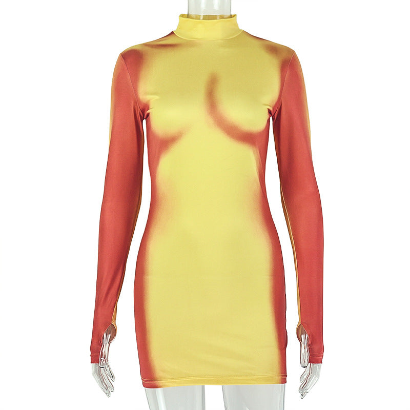 Gradient Print Mock Neck Long Sleeve Bodycon Mini Dress 2