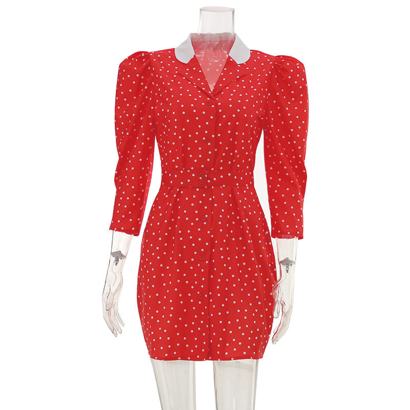 Polka Dot Contrast Collar Puff Sleeve Button Front Belted Mini Dress 4