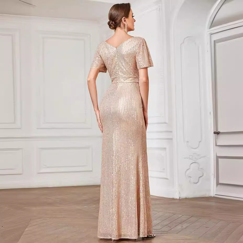 Striped Sequin V-Neck Flutter Sleeve Wrap Bodice Mermaid Maxi Gown 3