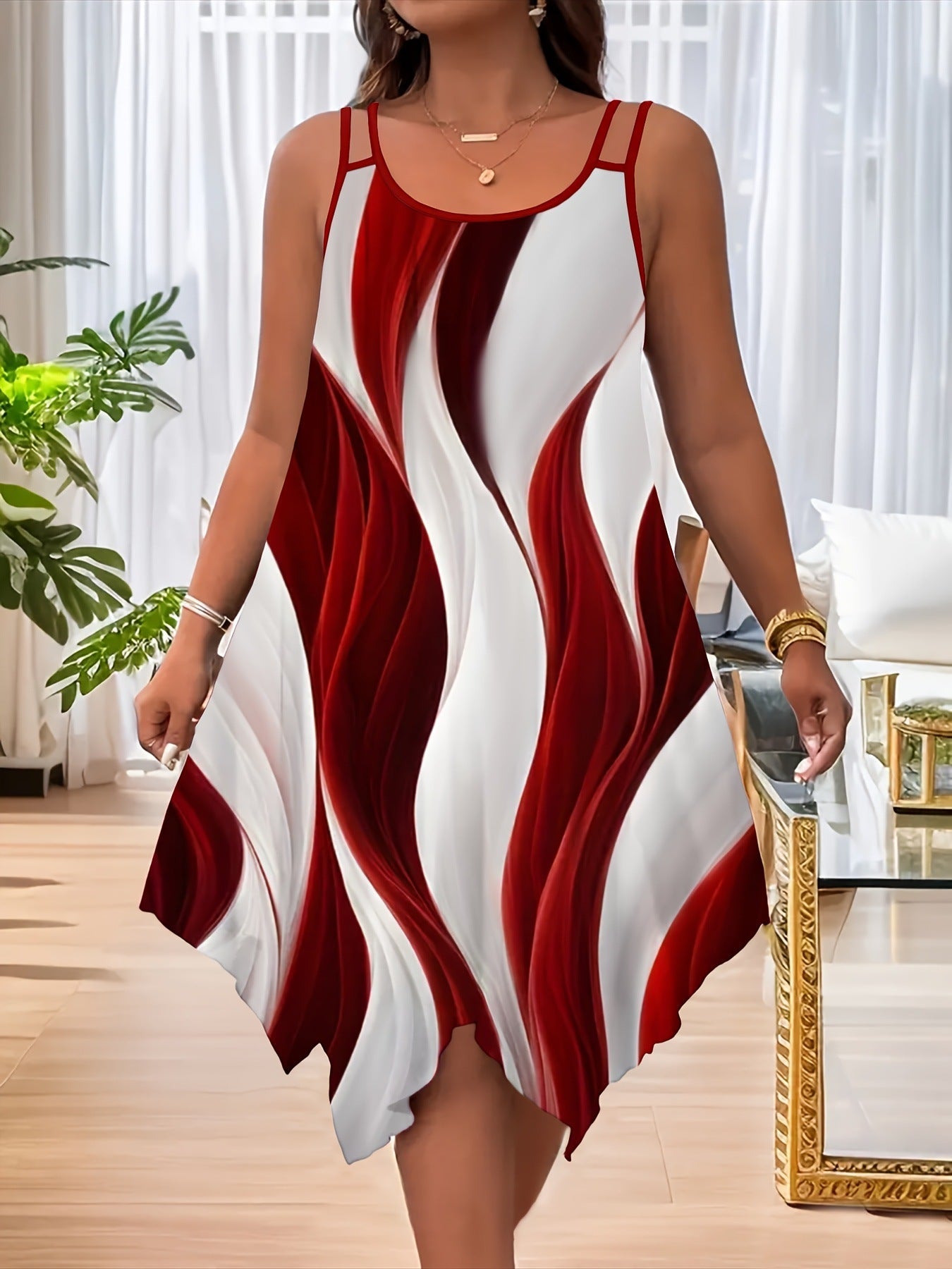 Abstract Print Spaghetti Strap Handkerchief Hem Midi Dress 6